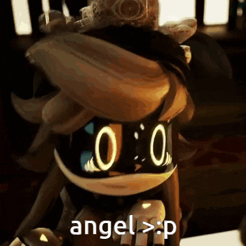 a close up of a cartoon character with the words angel > p written below it