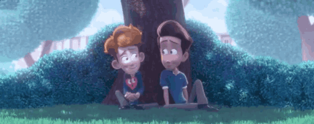 two cartoon boys are sitting under a tree .