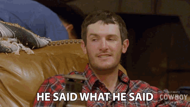 a man in a plaid shirt is sitting on a couch and saying he said what he said