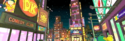 a cartoon of a city with a comedy club in the middle