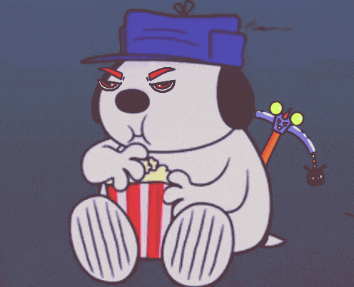 a cartoon of snoopy eating popcorn with a pickaxe in the background