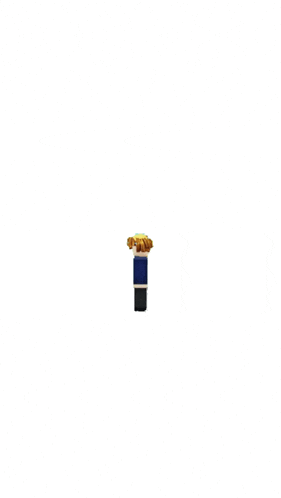 a cartoon character with blonde hair and a blue shirt is standing on a white background