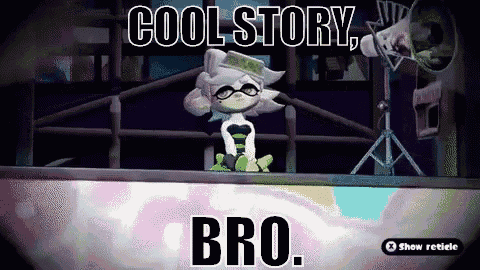 a cartoon character with the words cool story bro on the bottom