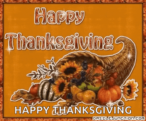 a picture of a cornucopia full of fruits and vegetables with the words happy thanksgiving