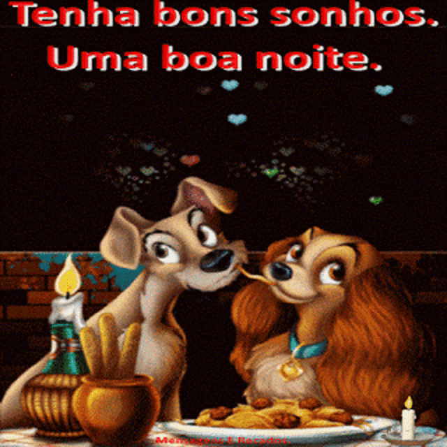 a couple of cartoon dogs sitting at a table with a plate of food and candles