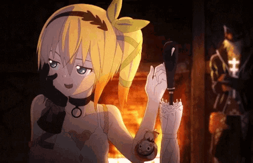 a girl with a yellow flower in her hair is holding a knife