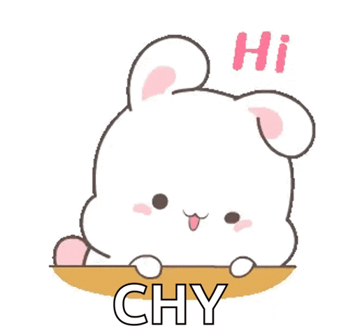 a cartoon rabbit is sitting on a table with the words hi chy written on it .