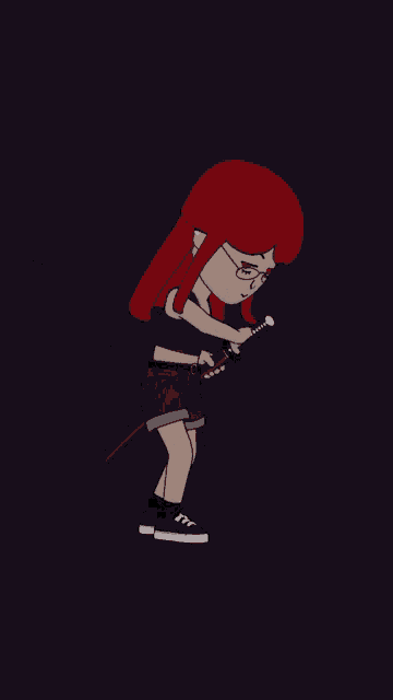 a cartoon girl with red hair is holding a large sword