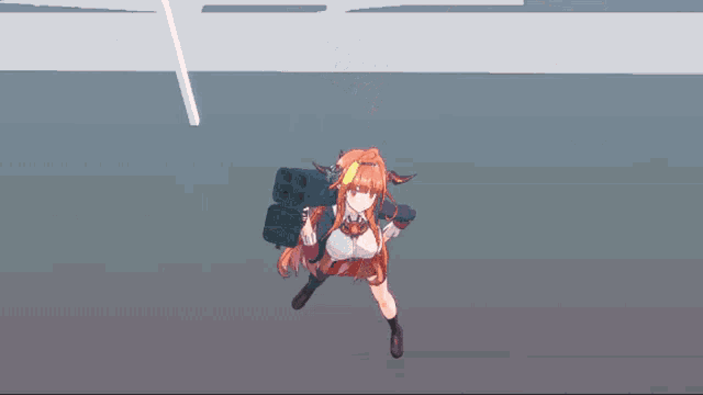 a girl with long hair and horns is holding a sword in her hand