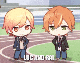 a couple of anime characters standing next to each other with the words luc and rai above them