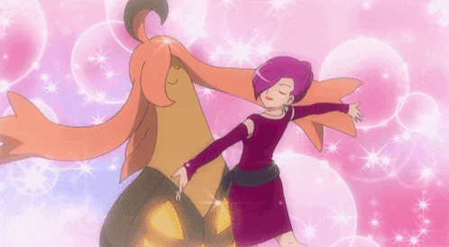 a girl in a purple dress is dancing with a pokemon