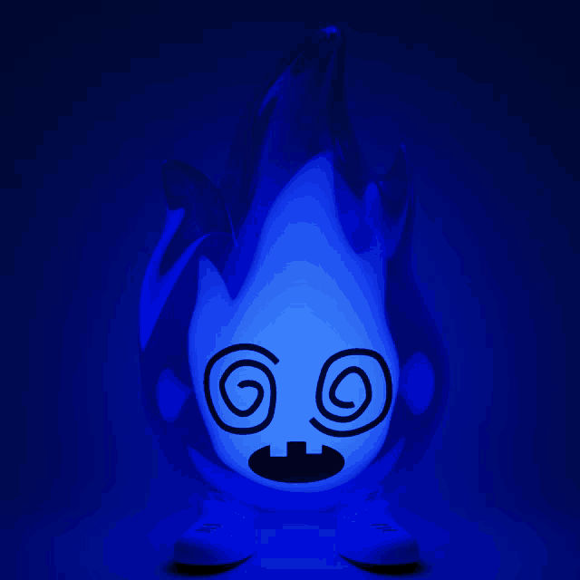 a glowing blue flame with a swirl around its eyes
