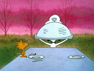 a cartoon of woodstock and snoopy at a table with plates and silverware