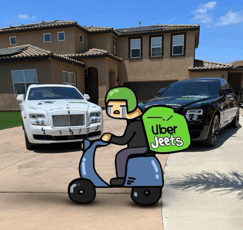 a cartoon of a man riding a scooter with an uber jeets bag