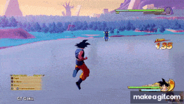 a screenshot of a video game with a character named gt goku in the foreground