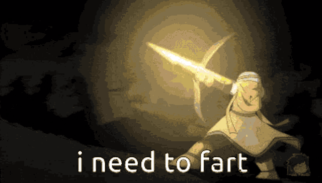 a pixel art of a person holding a sword with the words i need to fart