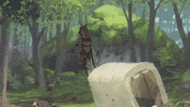 a horse is pulling a wagon through the woods