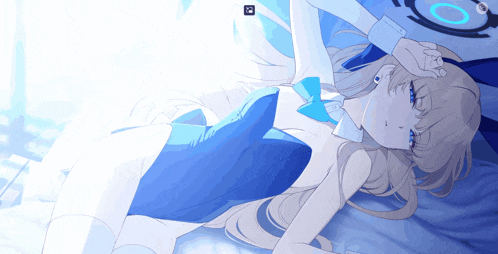 a girl in a blue dress is laying on a bed with a blue circle behind her