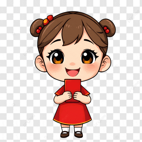 a little girl in a red dress is holding a red envelope in her hands