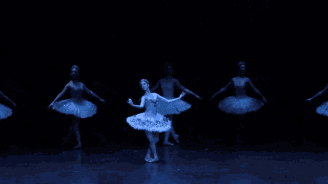 a group of ballerinas are dancing on a stage in a dark room