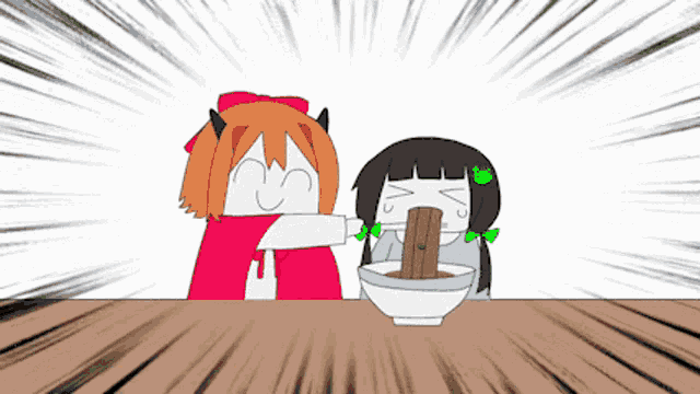 two anime girls are sitting at a table with a bowl of noodles in front of them