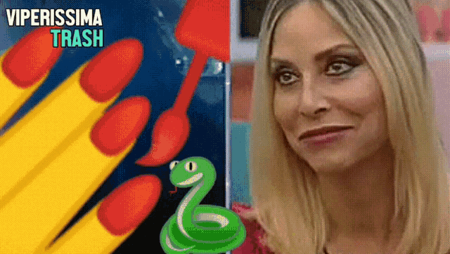a woman with red nails is next to a green snake and the words viperissima trash on the bottom