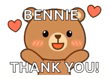 a teddy bear is holding its paws up and saying `` bennie thank you '' .