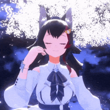 a girl with a cat ear and flowers in her hair is smiling