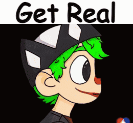 a cartoon character with green hair wearing a black and white hat with the words get real above him