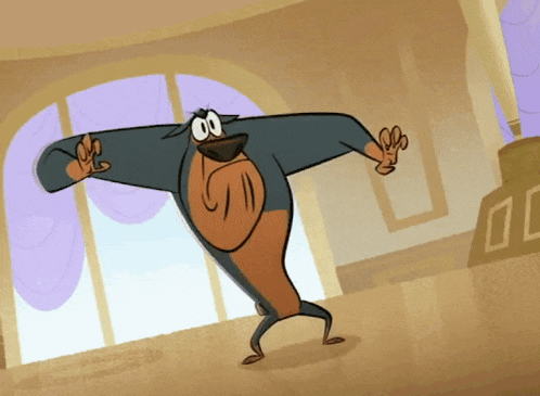 a cartoon character is dancing in a room