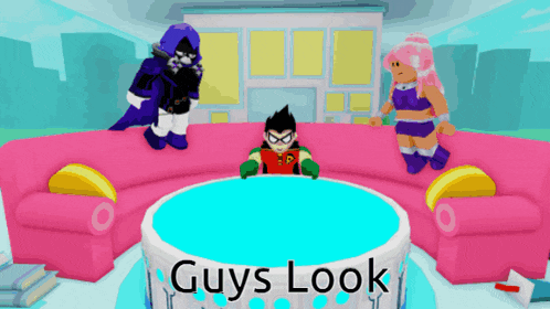 a cartoon of raven robin and starfire sitting on a couch with guys look written on the bottom