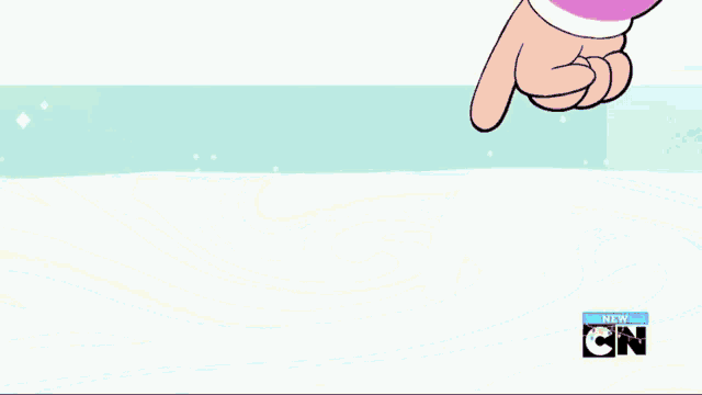 a cartoon character 's hand is pointing at a purple surface with cn written on the bottom