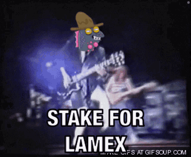 a cartoon of a man playing a guitar with the words " stake for lamex " below him