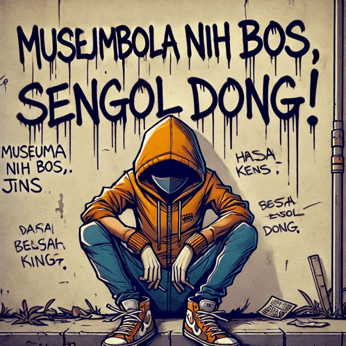 a drawing of a person sitting in front of a wall that says museuma nih bos sengol dong