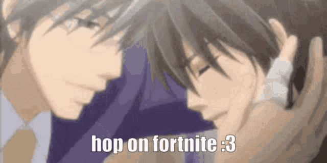 a couple of anime characters laying next to each other with the caption " hop on fortnite 3 "