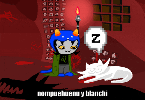 a pixel art drawing of a cat and a monster with the words nompuehuenu y blanchi on the bottom