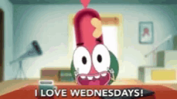 a cartoon character says " i love wednesdays " in a room