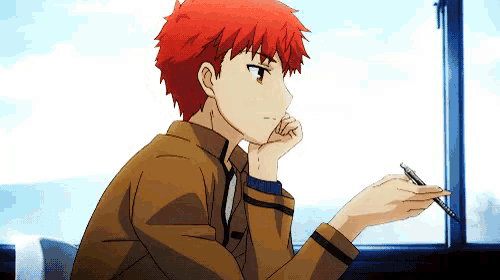 a red haired anime character is sitting in front of a window holding a pen .