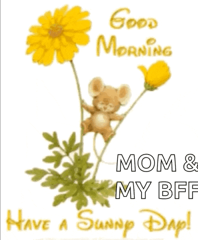 a picture of a mouse on a flower with the words good morning mom and my bf have a sunny day