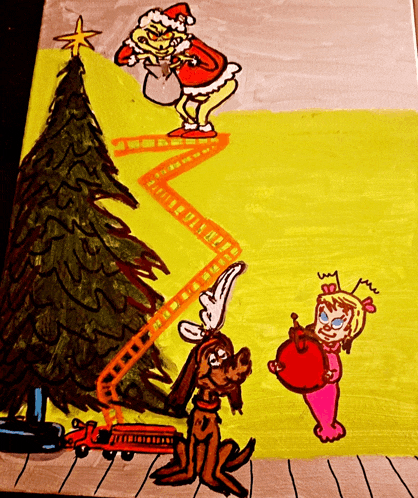 a painting of a christmas scene with a christmas tree