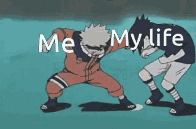 a cartoon of naruto and sasuke dancing with the words " me my life " above them