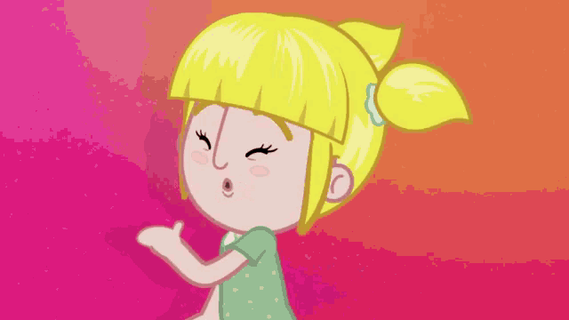 a cartoon girl with blonde hair is smiling with her mouth open