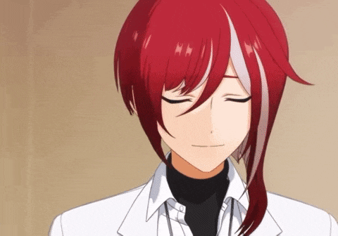 a close up of a red haired anime character with his eyes closed and a smile on his face .