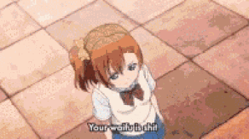 a girl in a school uniform is standing on a tiled floor and talking .