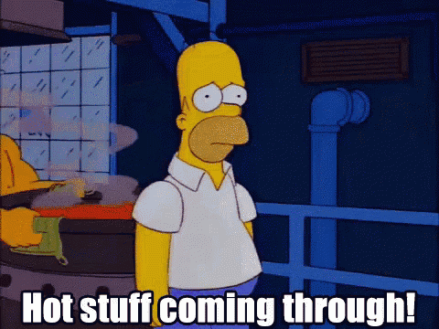 a cartoon of homer simpson with the words hot stuff coming through written below him