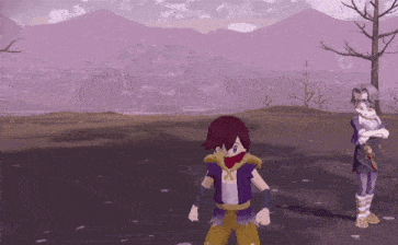 a video game character standing in a field with mountains in the background