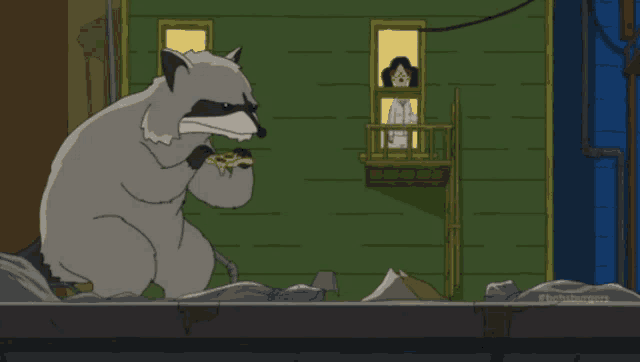 a cartoon of a raccoon eating a pizza with a woman looking out of a window