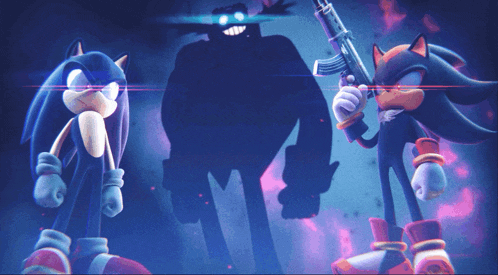 sonic the hedgehog and shadow the hedgehog are standing in front of a shadowy figure