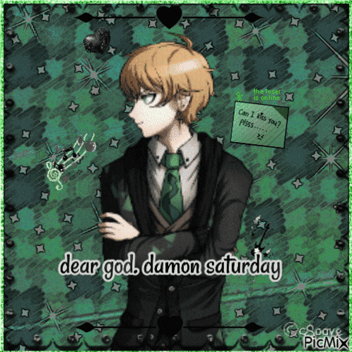 a picture of a boy in a suit and tie with the words dear god damon saturday
