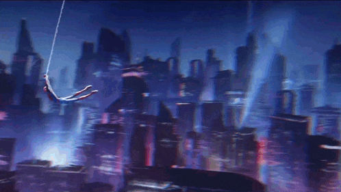 a spider man is swinging from a rope in front of a futuristic city